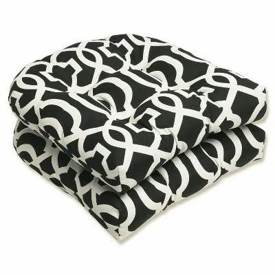 2pc Geometric Outdoor Wicker Seat Cushions Black/White - Pillow Perfect