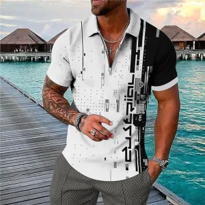 3D Vertigo Print Men's Polo Shirt with Zipper - Vibrant Geometry Design