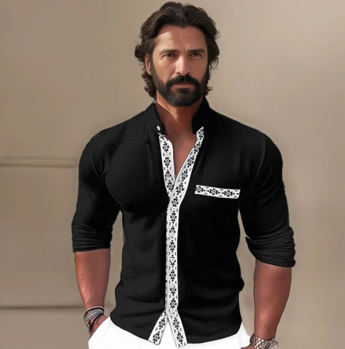 55% Linen Black Long Sleeve Men's Beach Shirt with Argyle Collar