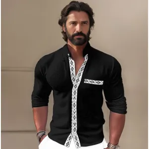 55% Linen Black Long Sleeve Men's Beach Shirt with Argyle Collar