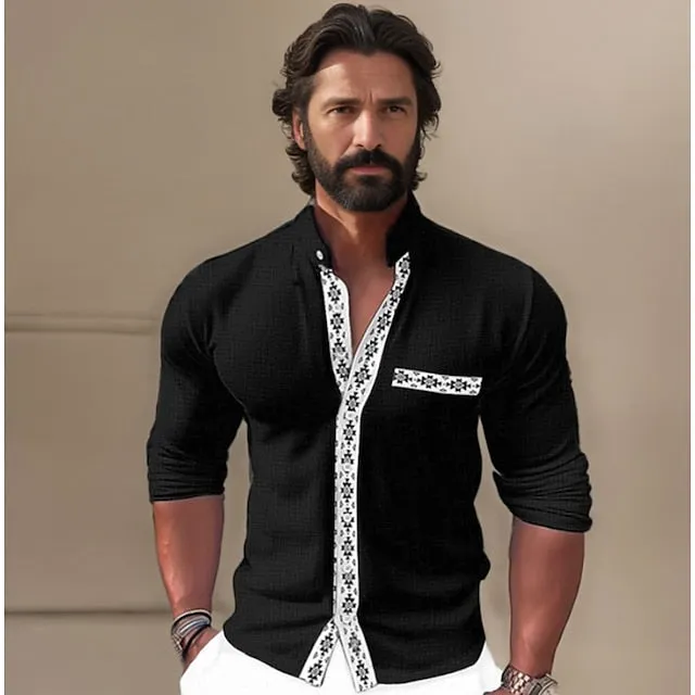 55% Linen Black Long Sleeve Men's Beach Shirt with Argyle Collar