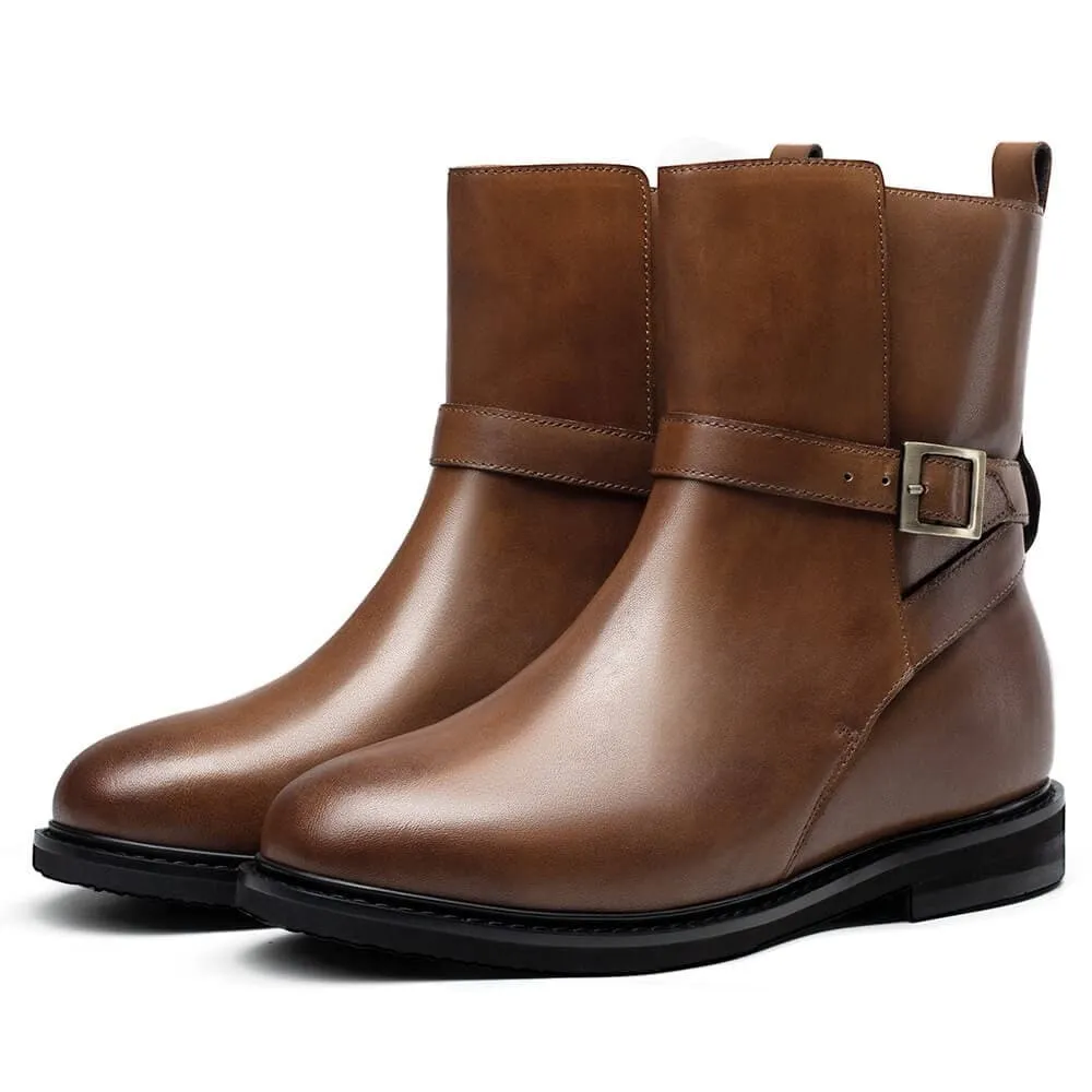 6 CM / 2.36 Inches CMR CHAMARIPA Height Increasing Shoes - Women's Brown Leather Wedge Elevator Boots