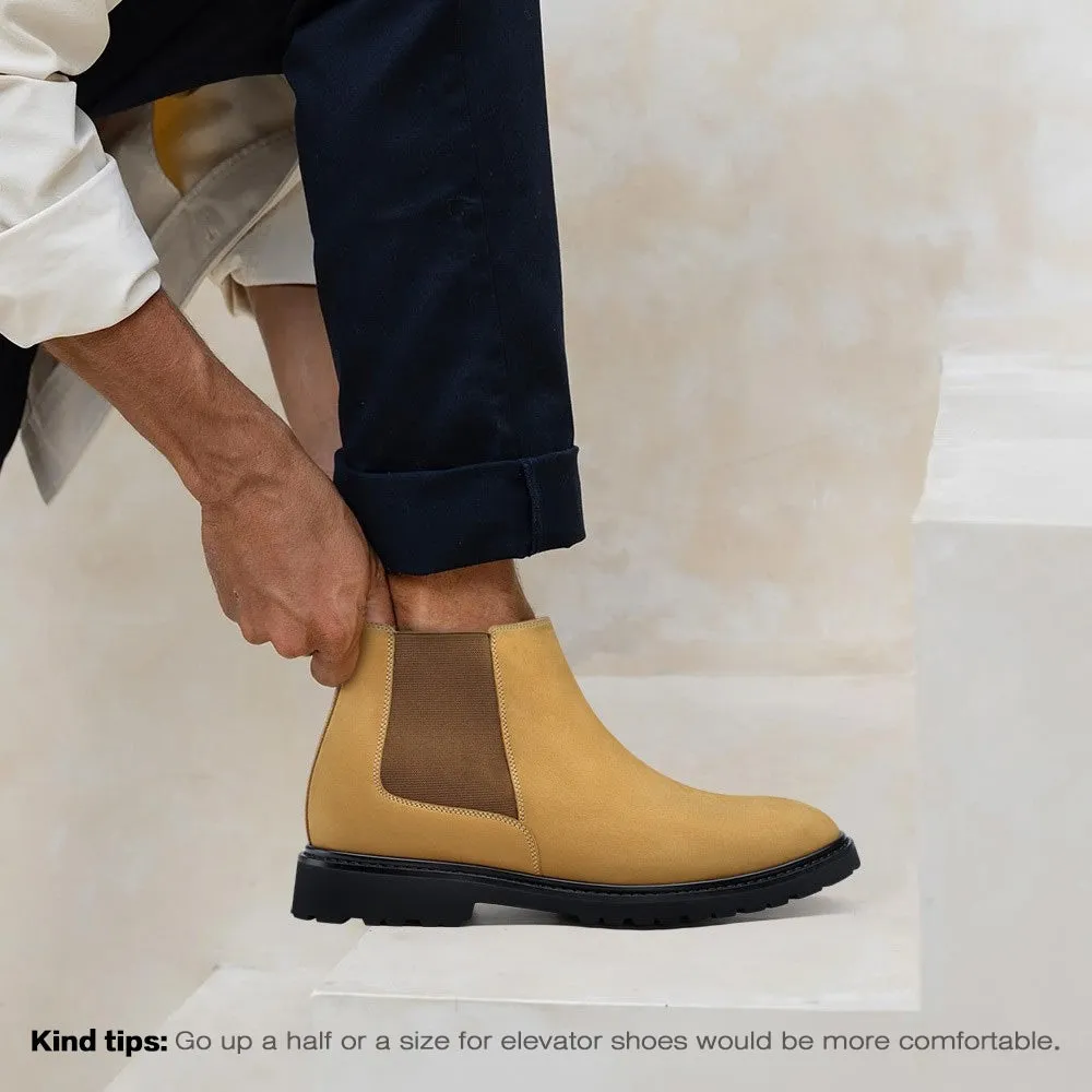 7 CM / 2.76 Inches CMR CHAMARIPA Height Increasing Shoes - Men's Yellow Nubuck Chelsea Boots