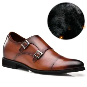 7CM/2.76 Inches - CMR CHAMARIPA  Men's Height Increasing Monk Elevator Dress Shoes Brown Fur-Lined Winter Shoes