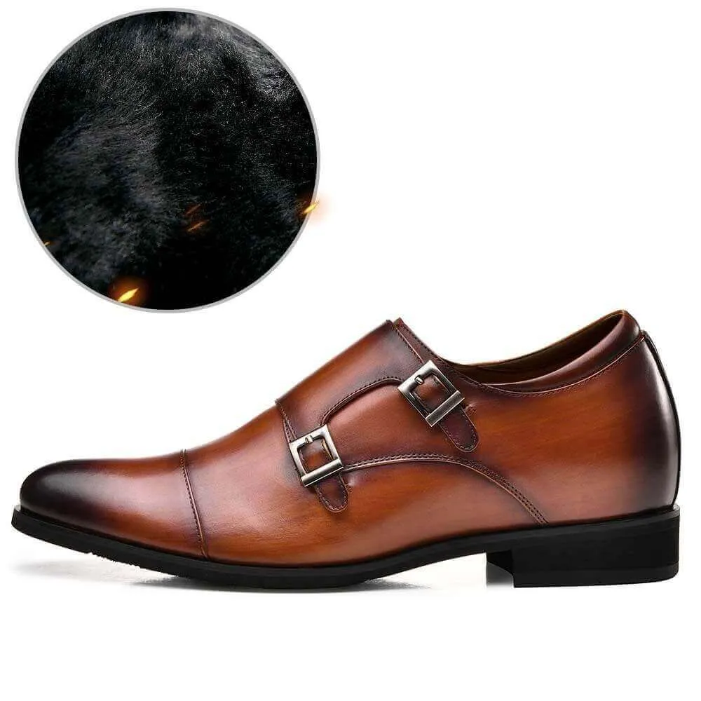 7CM/2.76 Inches - CMR CHAMARIPA  Men's Height Increasing Monk Elevator Dress Shoes Brown Fur-Lined Winter Shoes