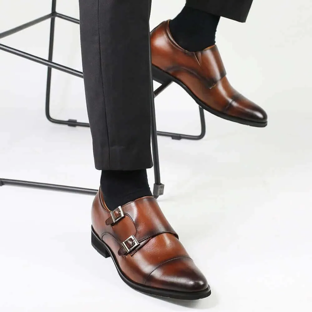 7CM/2.76 Inches - CMR CHAMARIPA  Men's Height Increasing Monk Elevator Dress Shoes Brown Fur-Lined Winter Shoes