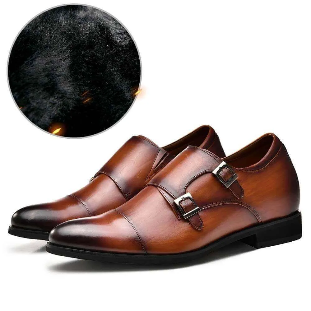 7CM/2.76 Inches - CMR CHAMARIPA  Men's Height Increasing Monk Elevator Dress Shoes Brown Fur-Lined Winter Shoes