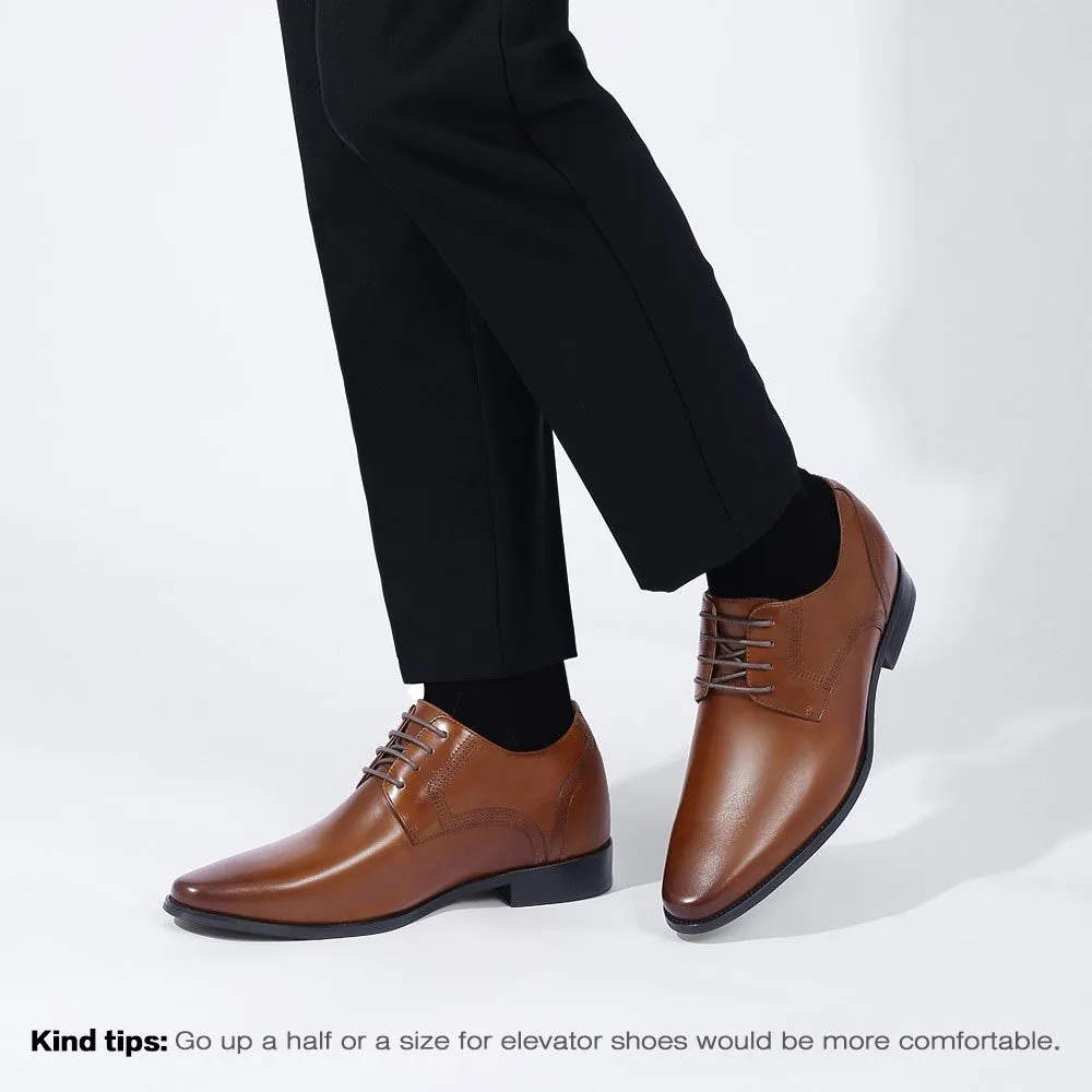 8 CM/3.15 Inches CMR CHAMARIPA Brown Cowhide Leather Men's Elevator Dress Shoes - Classic Oxford Style