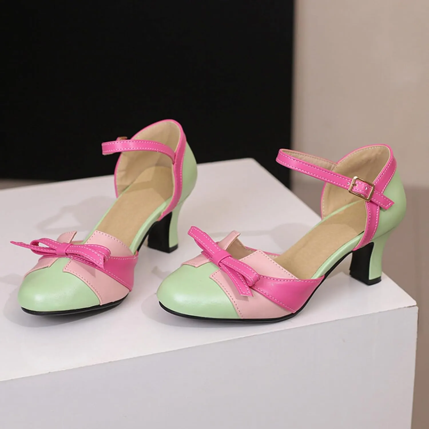 Aflngle Women's Bow Kitten Low Chunky Heel Mary Jane Pumps Round Closed Toe Patchwork Multicolor Ankle Strap Buckle Wedding Party Prom Dress Shoes