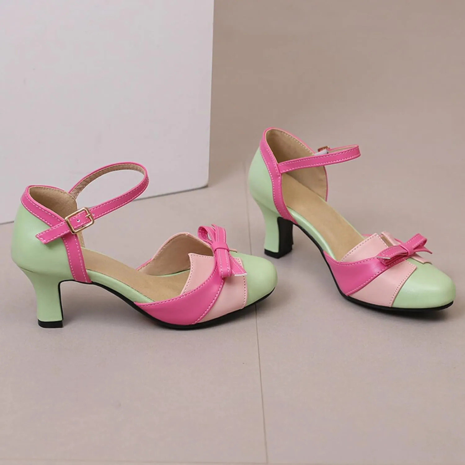 Aflngle Women's Bow Kitten Low Chunky Heel Mary Jane Pumps Round Closed Toe Patchwork Multicolor Ankle Strap Buckle Wedding Party Prom Dress Shoes