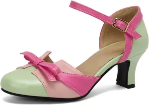Aflngle Women's Bow Kitten Low Chunky Heel Mary Jane Pumps Round Closed Toe Patchwork Multicolor Ankle Strap Buckle Wedding Party Prom Dress Shoes