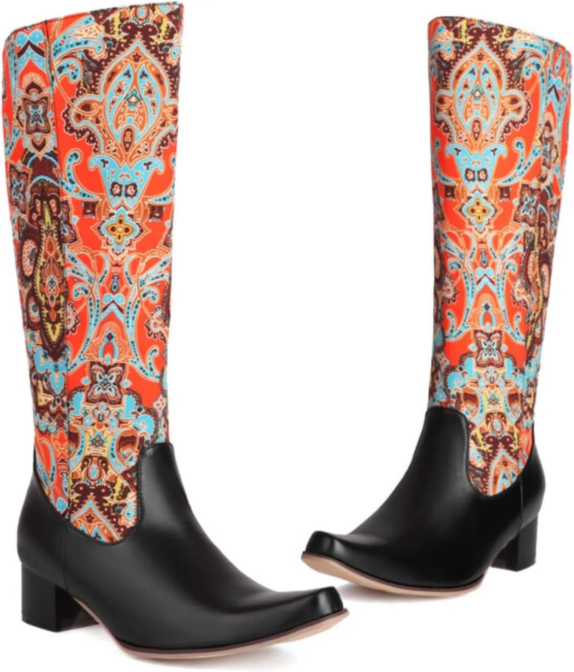 Aflngle Women's Fashion Floral Print Knee High Boots Sexy Square Toe Patchwork Low Block Chunky Heels Side Zipper Punk Motorcycle Long Booties