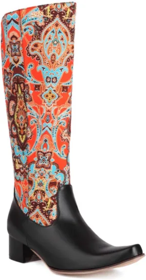 Aflngle Women's Fashion Floral Print Knee High Boots Sexy Square Toe Patchwork Low Block Chunky Heels Side Zipper Punk Motorcycle Long Booties