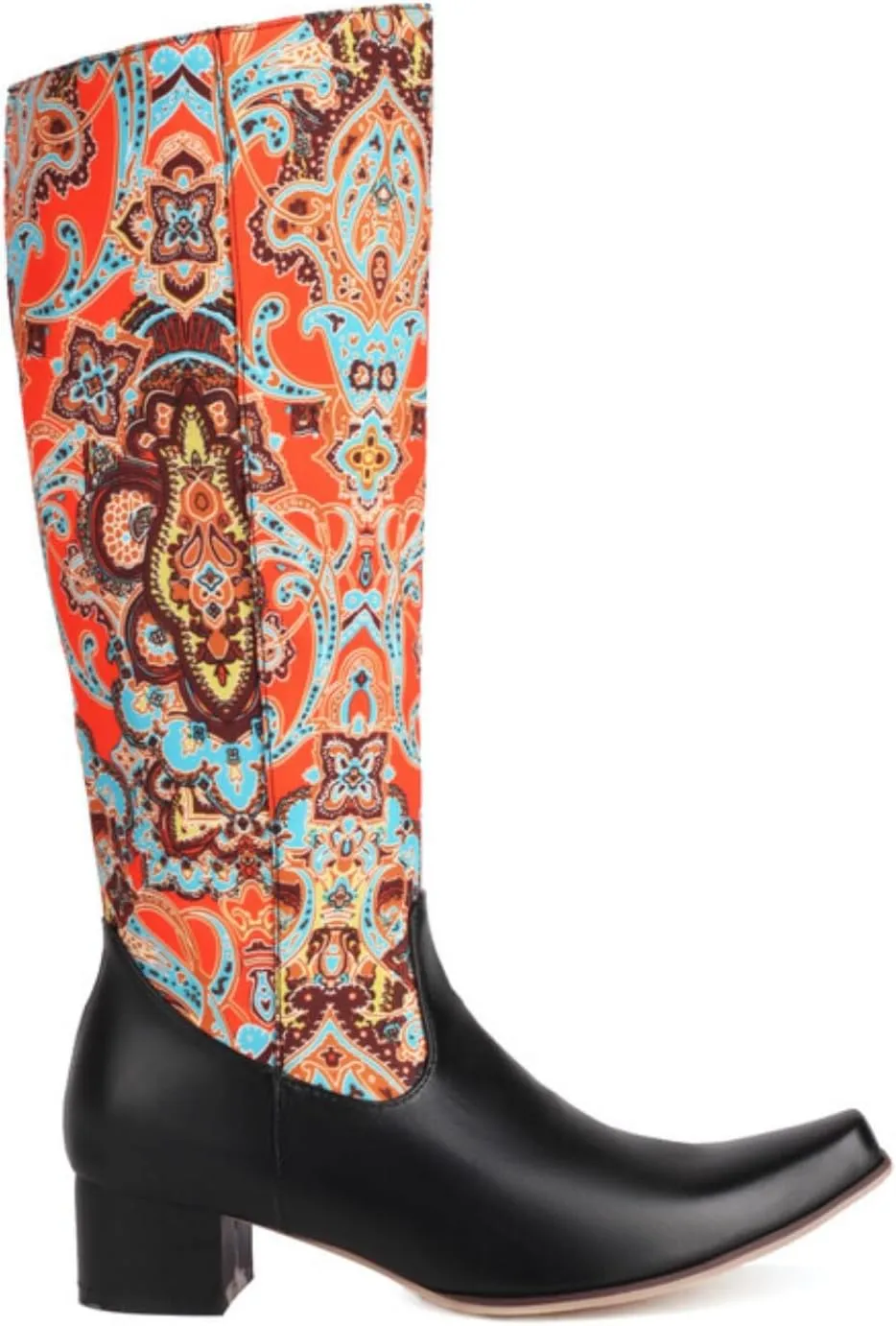 Aflngle Women's Fashion Floral Print Knee High Boots Sexy Square Toe Patchwork Low Block Chunky Heels Side Zipper Punk Motorcycle Long Booties