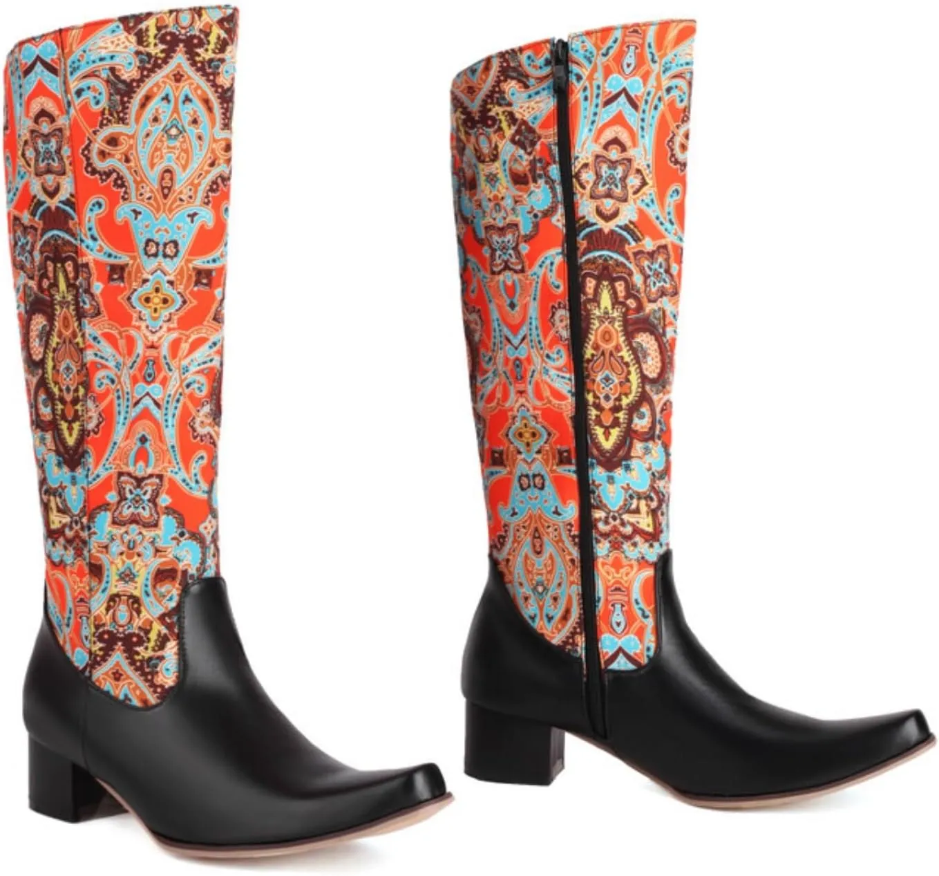 Aflngle Women's Fashion Floral Print Knee High Boots Sexy Square Toe Patchwork Low Block Chunky Heels Side Zipper Punk Motorcycle Long Booties