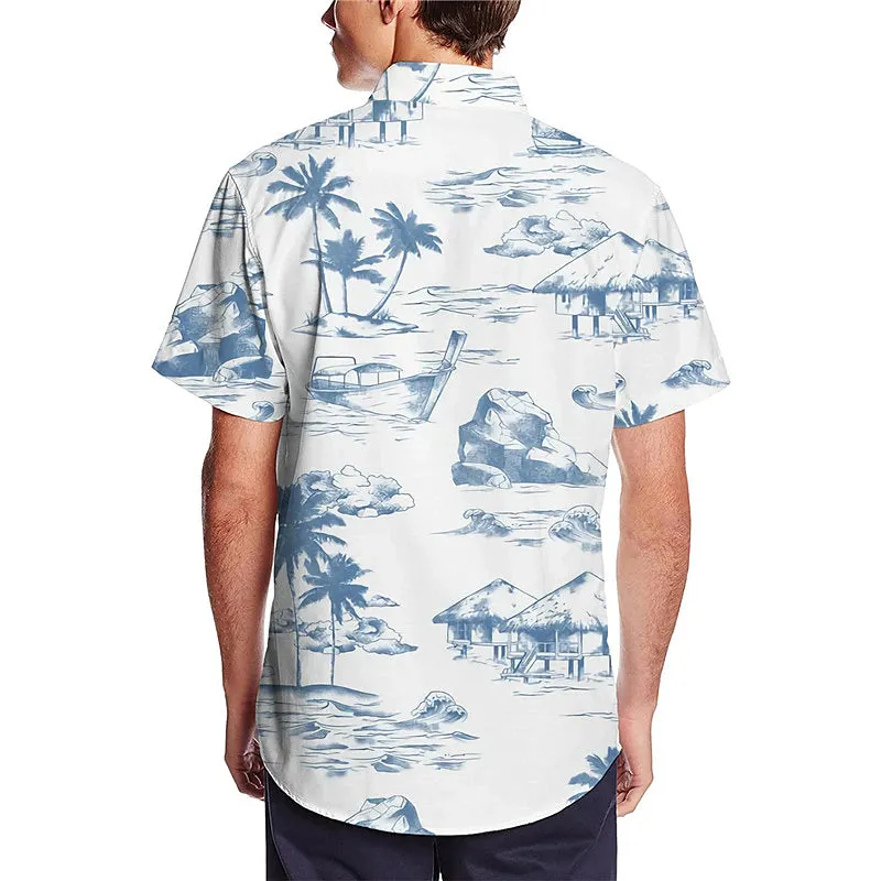 Aloha Men's Coconut Tree Print Turndown Neckline Short Sleeve Shirt