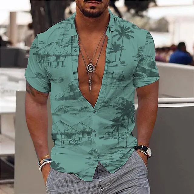 Aloha Men's Coconut Tree Print Turndown Neckline Short Sleeve Shirt