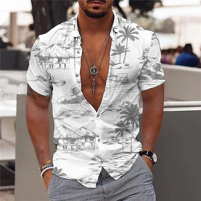 Aloha Men's Coconut Tree Print Turndown Neckline Short Sleeve Shirt