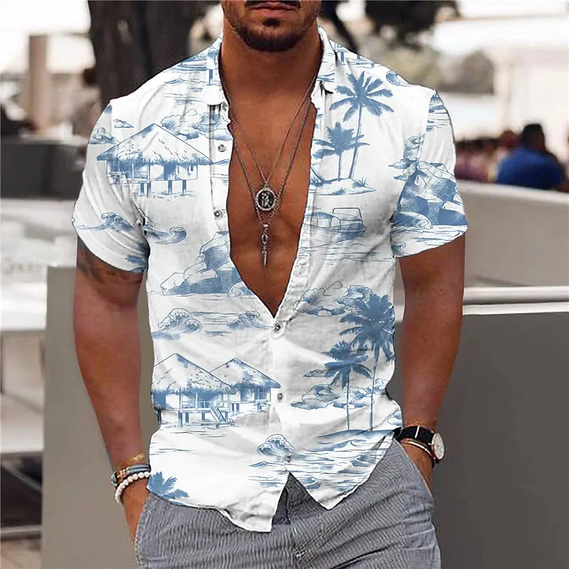 Aloha Men's Coconut Tree Print Turndown Neckline Short Sleeve Shirt