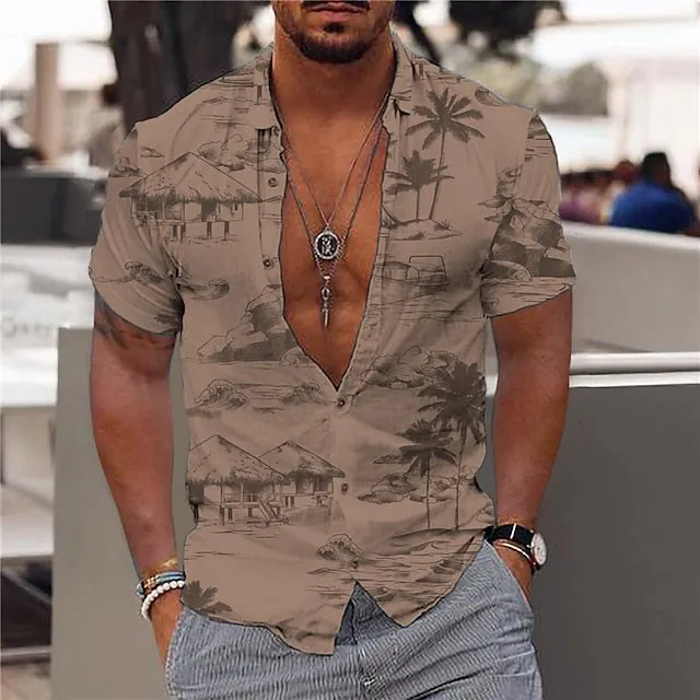 Aloha Men's Coconut Tree Print Turndown Neckline Short Sleeve Shirt