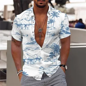 Aloha Men's Coconut Tree Print Turndown Neckline Short Sleeve Shirt