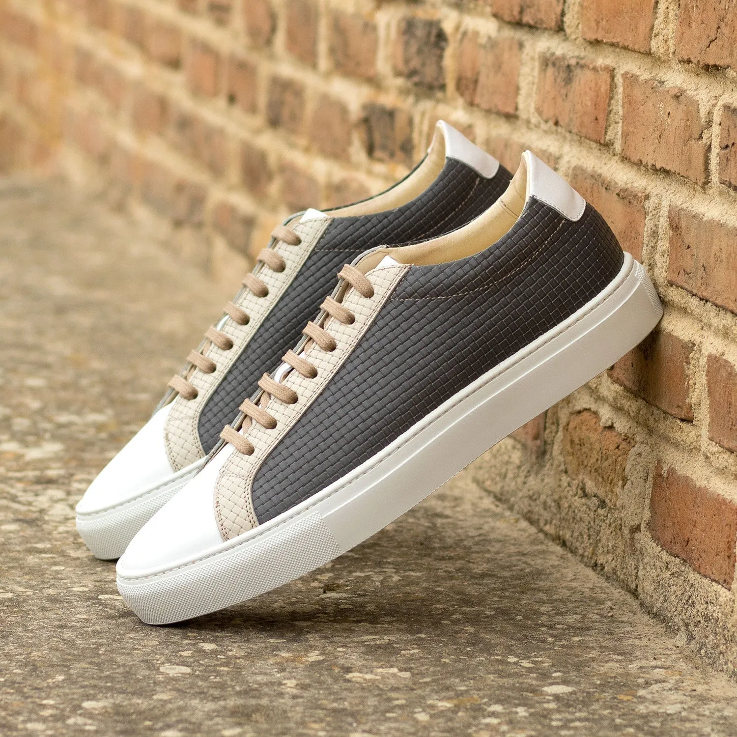 Ambrogio Bespoke Men's Shoes Nude, White & Gray Nappa / Woven Leather Casual Sneakers (AMB2416)