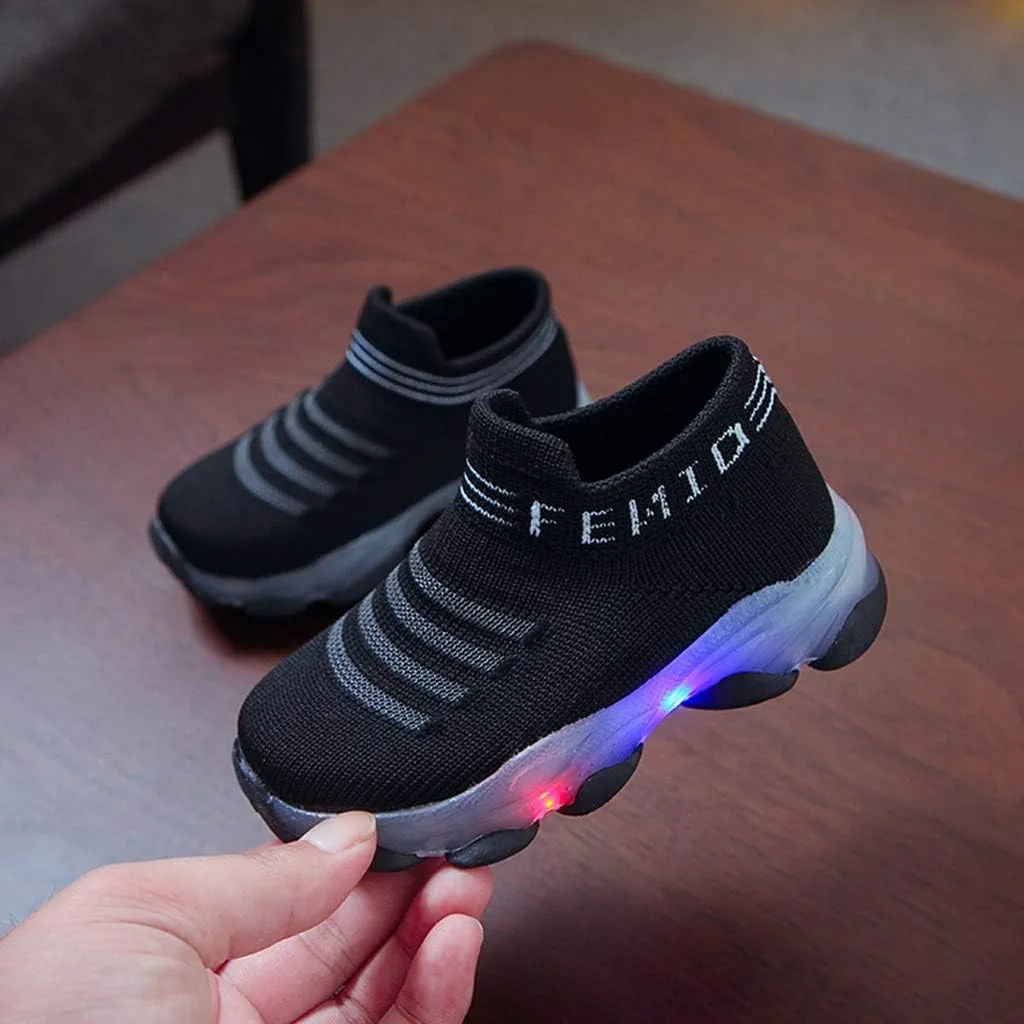 Baby First Walking Shoes 1-6 Years Luminous Toddler Slip on Infant Waves Shoes Boys Girls Socks Breathable Sneakers (Black, 18-24Months)