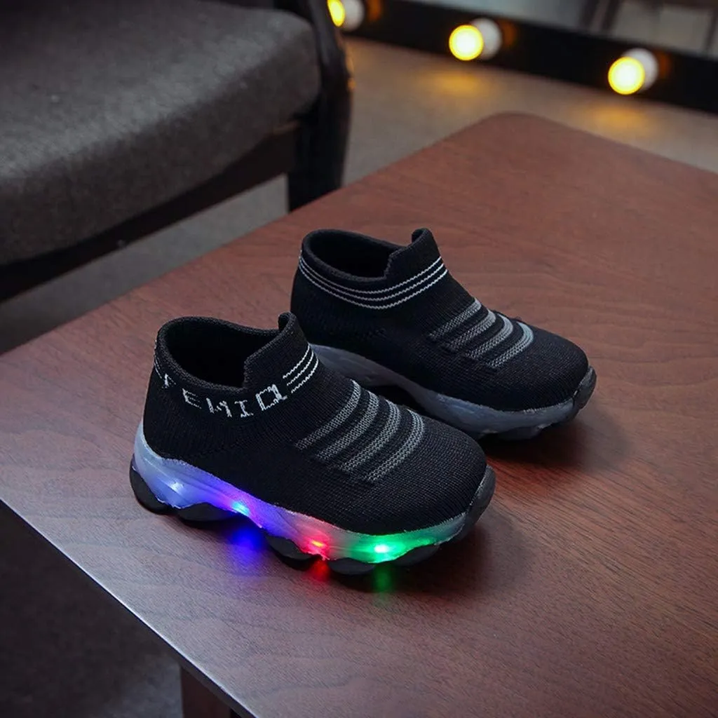 Baby First Walking Shoes 1-6 Years Luminous Toddler Slip on Infant Waves Shoes Boys Girls Socks Breathable Sneakers (Black, 18-24Months)