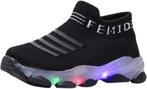 Baby First Walking Shoes 1-6 Years Luminous Toddler Slip on Infant Waves Shoes Boys Girls Socks Breathable Sneakers (Black, 18-24Months)