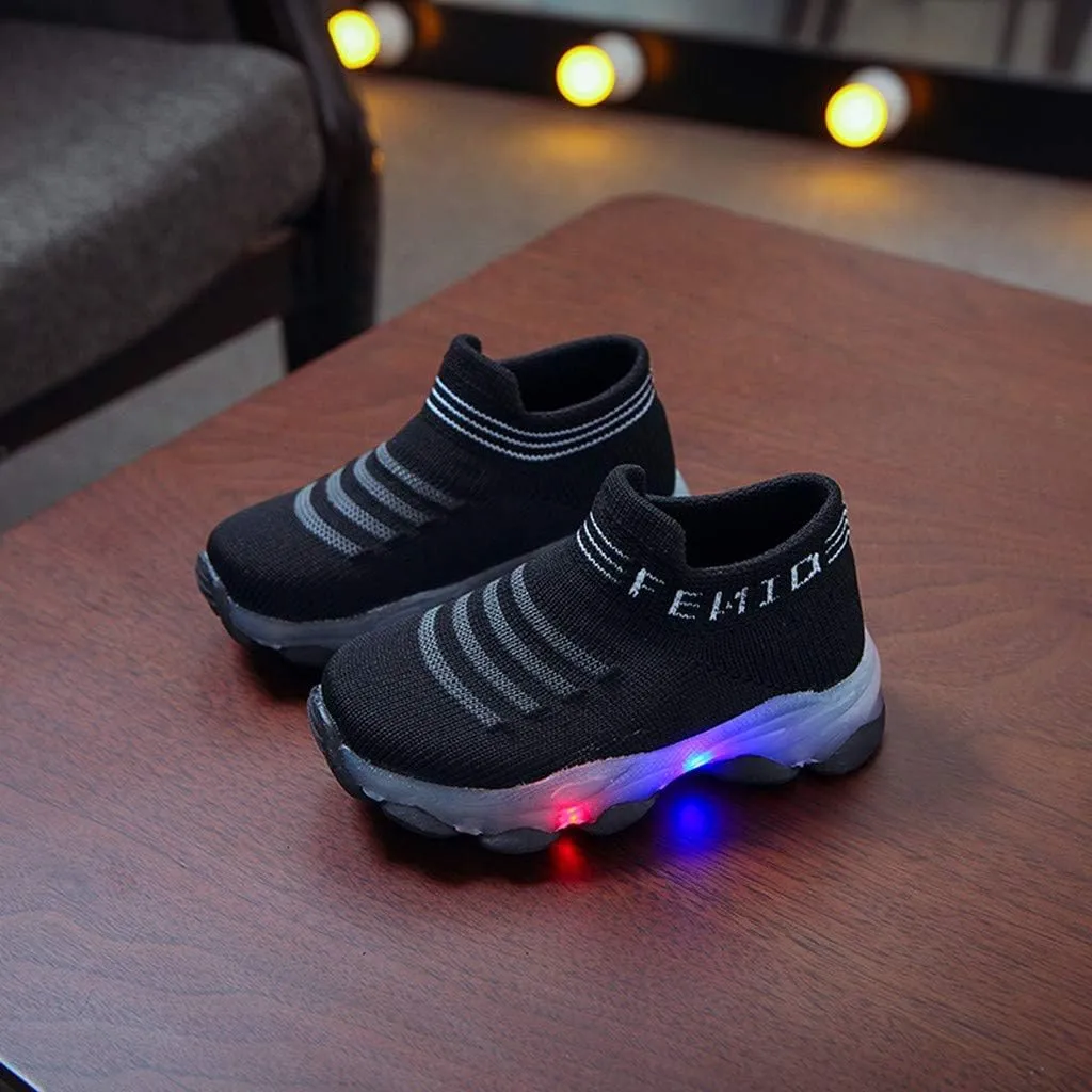 Baby First Walking Shoes 1-6 Years Luminous Toddler Slip on Infant Waves Shoes Boys Girls Socks Breathable Sneakers (Black, 18-24Months)
