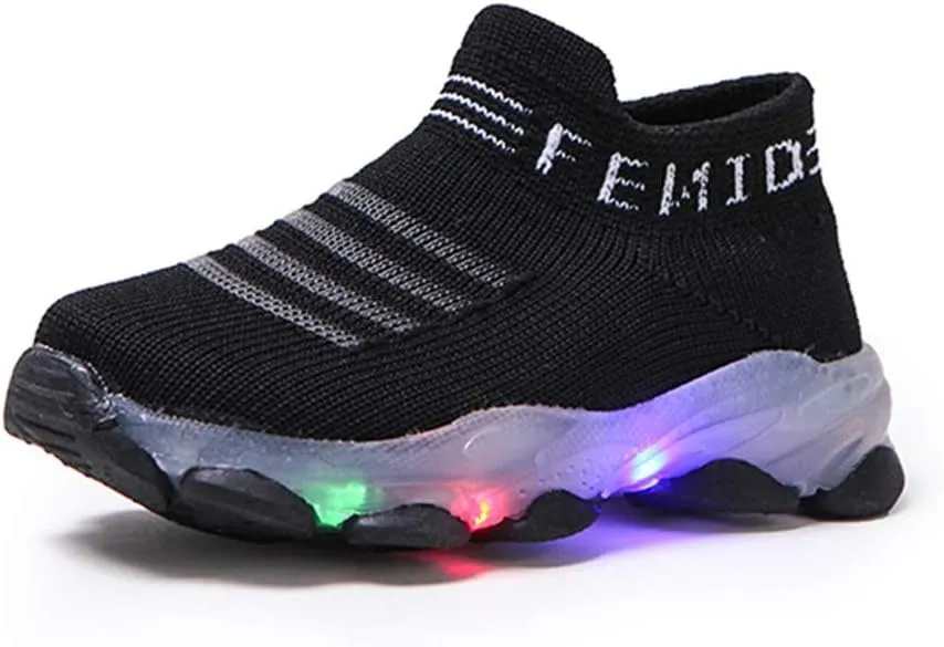 Baby First Walking Shoes 1-6 Years Luminous Toddler Slip on Infant Waves Shoes Boys Girls Socks Breathable Sneakers (Black, 18-24Months)