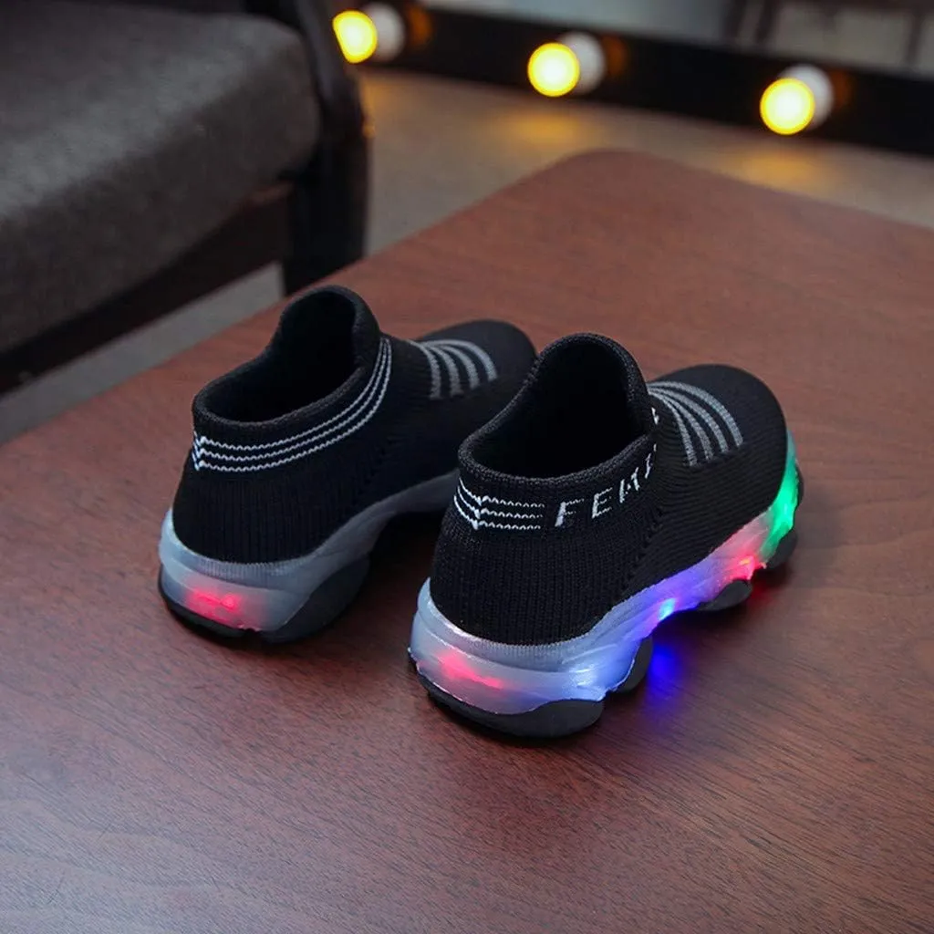Baby First Walking Shoes 1-6 Years Luminous Toddler Slip on Infant Waves Shoes Boys Girls Socks Breathable Sneakers (Black, 18-24Months)