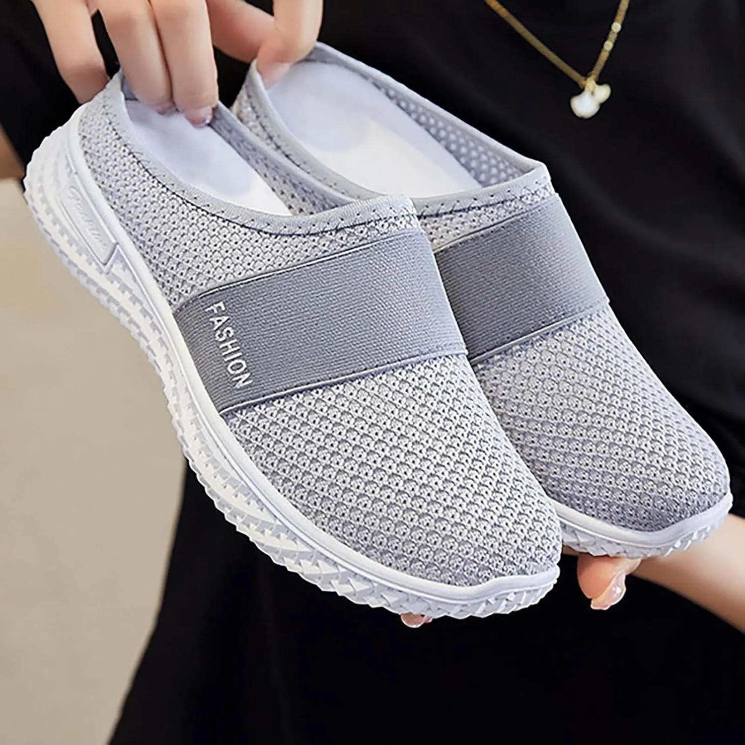 Backless Sneakers for Women Comfort Orthopedic Breathable Mesh Slip On Wide Width Mules with Arch Support Nurse Shoes