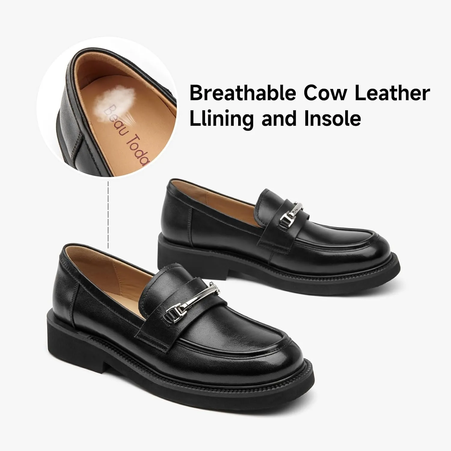 BEAU TODAY Leather Loafers Women, Slip On Penny Loafers for Women Casual Shoes, Chunky Platform Comfortable Business Office Ladies Dress Shoes with Metal Buckle