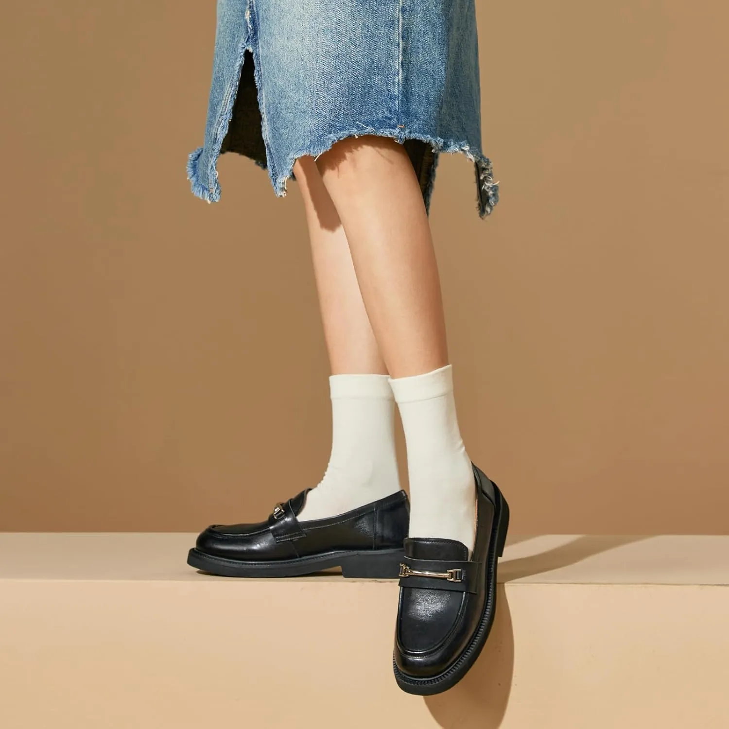 BEAU TODAY Leather Loafers Women, Slip On Penny Loafers for Women Casual Shoes, Chunky Platform Comfortable Business Office Ladies Dress Shoes with Metal Buckle