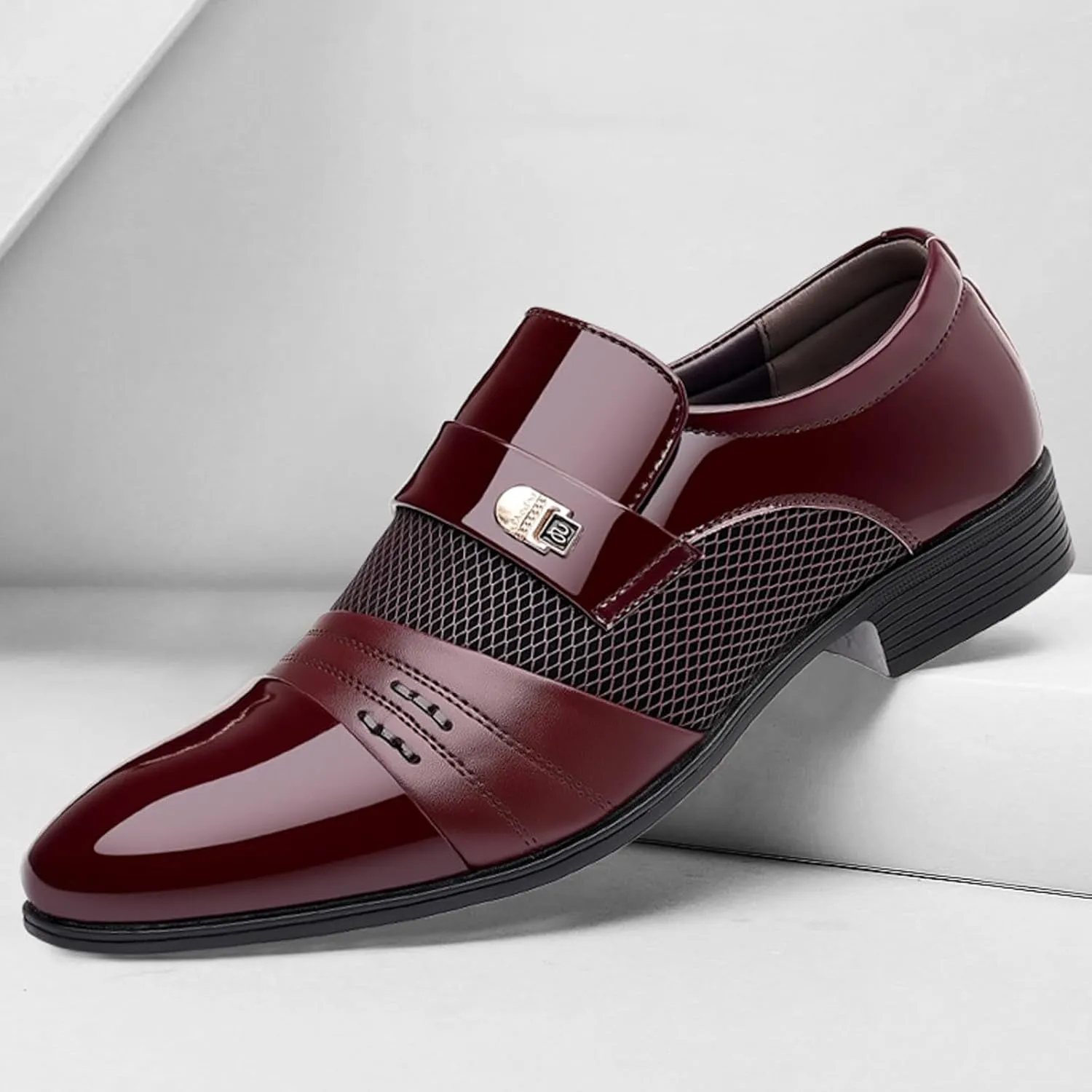 Black Business Casual Dress Shoes for Men Men Leather Shoes Fashionable New Pattern Splicing Business Suit Comfortable Slip On Men Dress Shoes Brown Leather