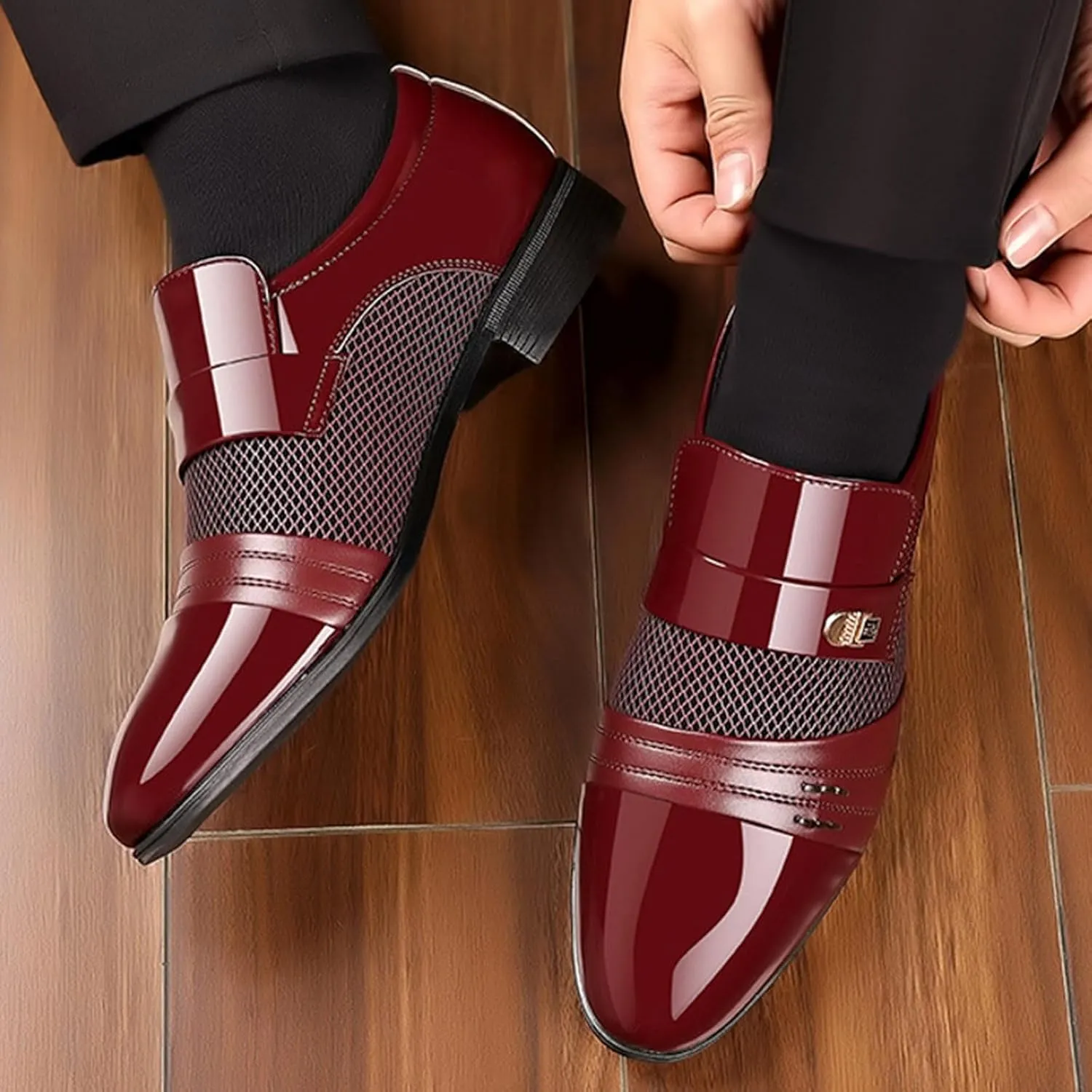 Black Business Casual Dress Shoes for Men Men Leather Shoes Fashionable New Pattern Splicing Business Suit Comfortable Slip On Men Dress Shoes Brown Leather