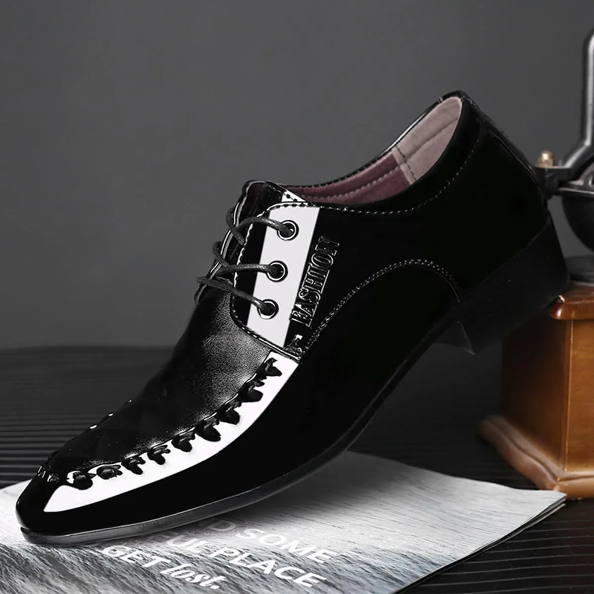 Black Derby Shoes for Men Business Oxford Shoes Fashion Patent Leather Lace Up Shoes for Office Work Formal Occasion