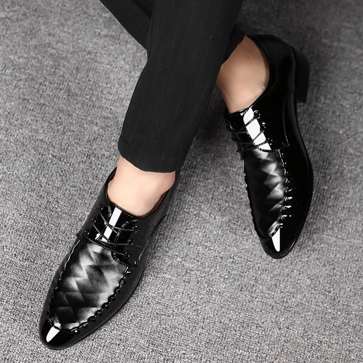 Black Derby Shoes for Men Business Oxford Shoes Fashion Patent Leather Lace Up Shoes for Office Work Formal Occasion