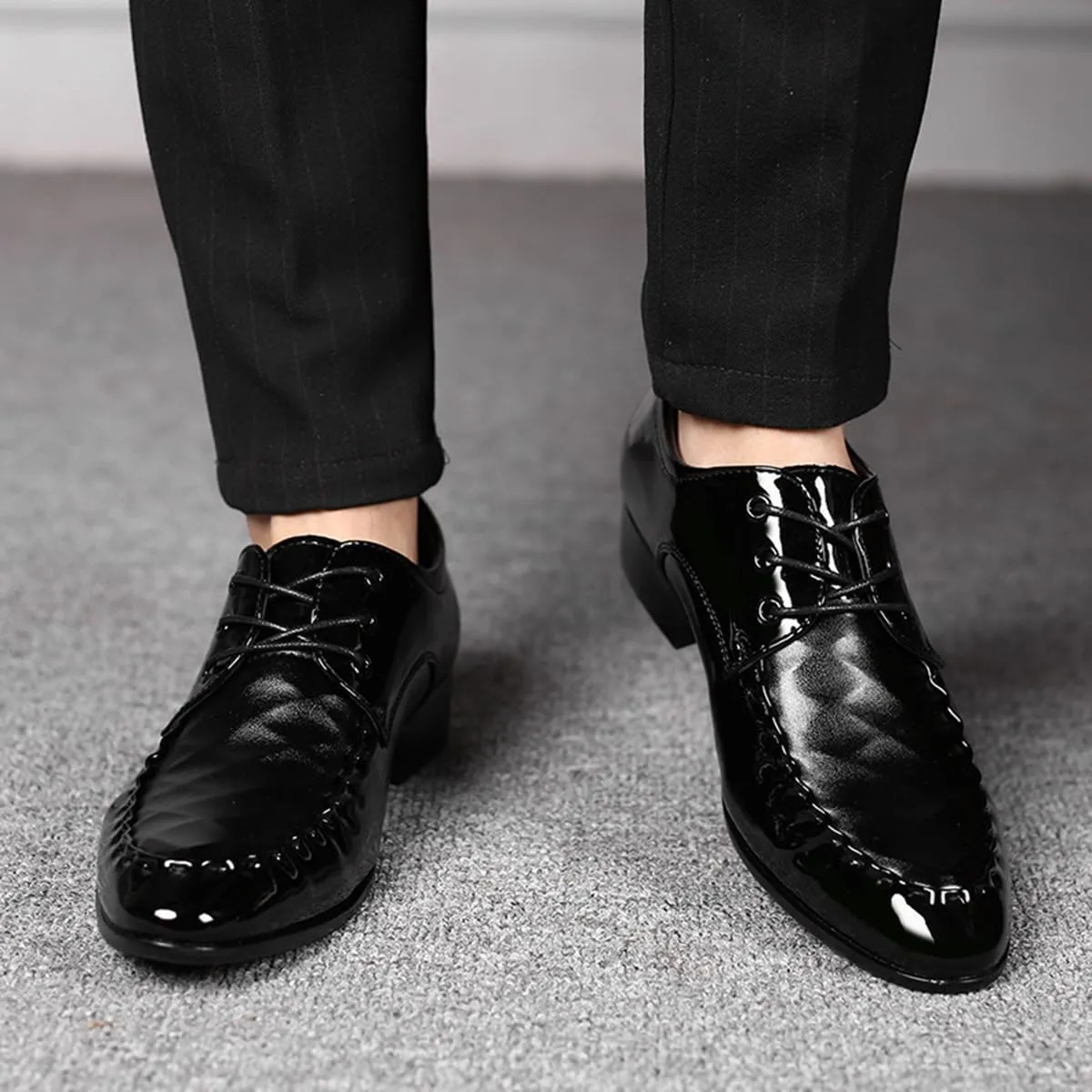 Black Derby Shoes for Men Business Oxford Shoes Fashion Patent Leather Lace Up Shoes for Office Work Formal Occasion