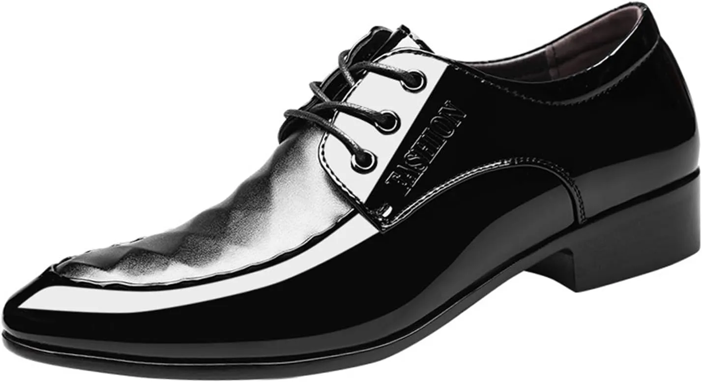 Black Derby Shoes for Men Business Oxford Shoes Fashion Patent Leather Lace Up Shoes for Office Work Formal Occasion