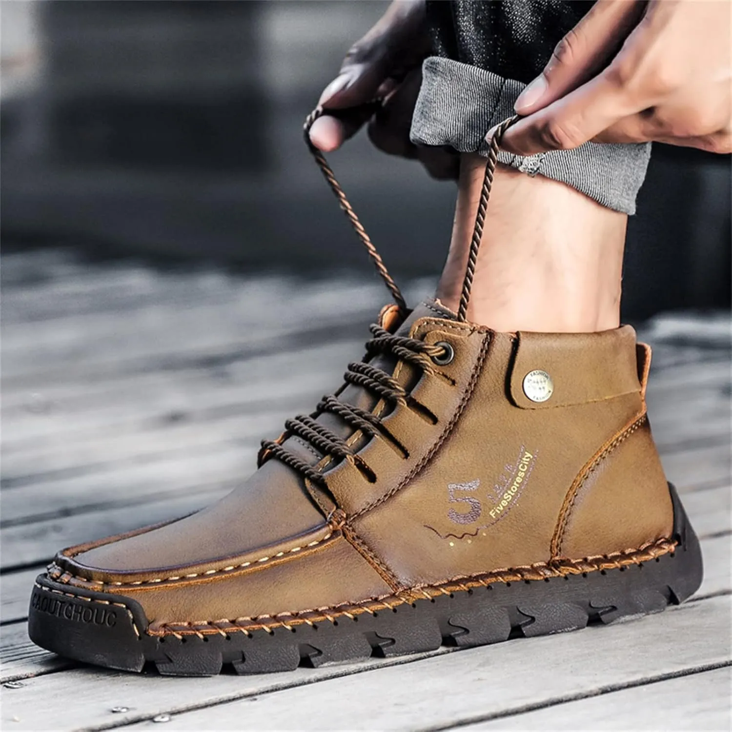 Black Lace up Booties British Boots for Men Fashion High-Top Leather Motorcycle Walking Slip on Shoe Outdoor Shoes