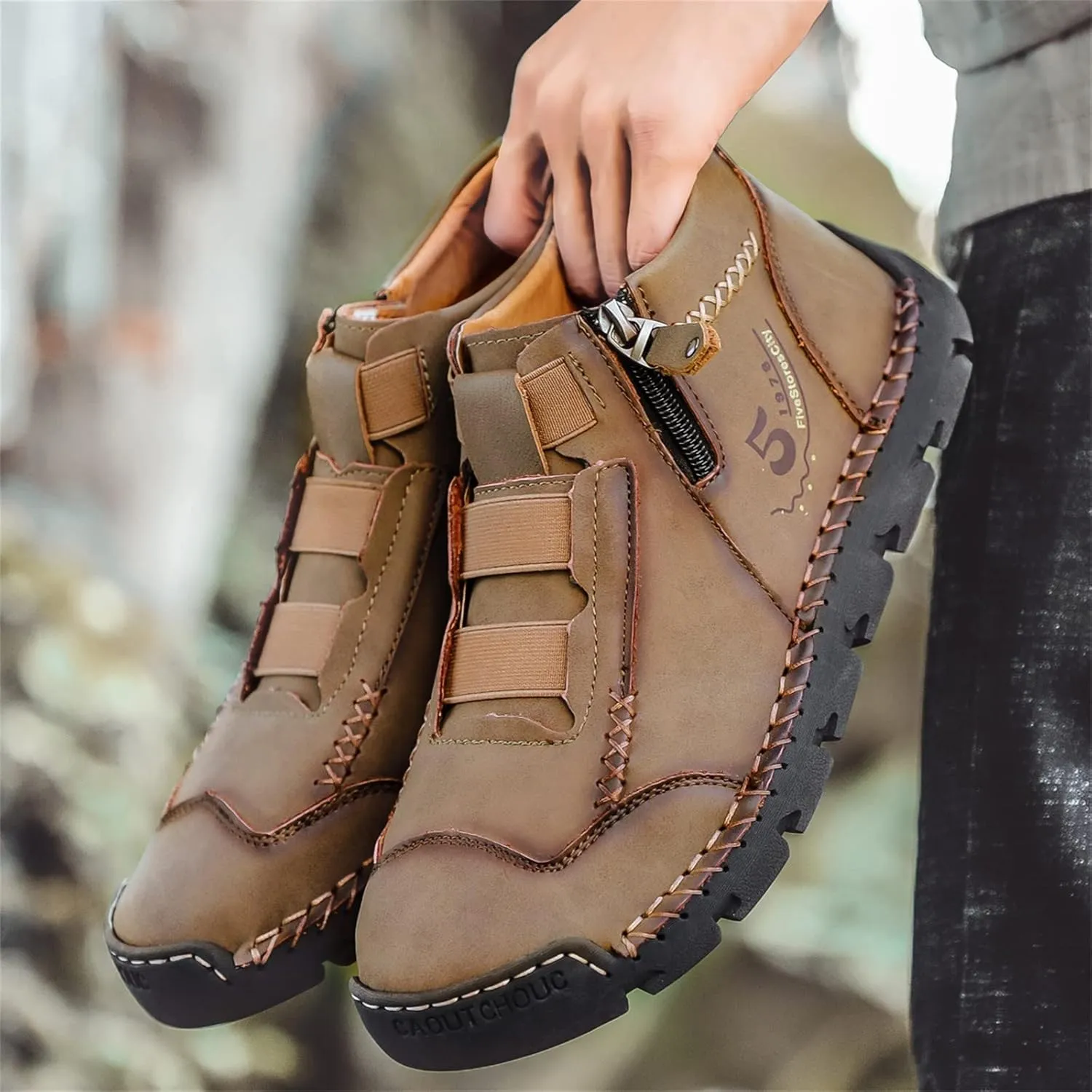 Black Leather Shoes for Men Casual Ankle Lace up Boots Slip on Lightweight Loafers Mid Top Walking Sneakers