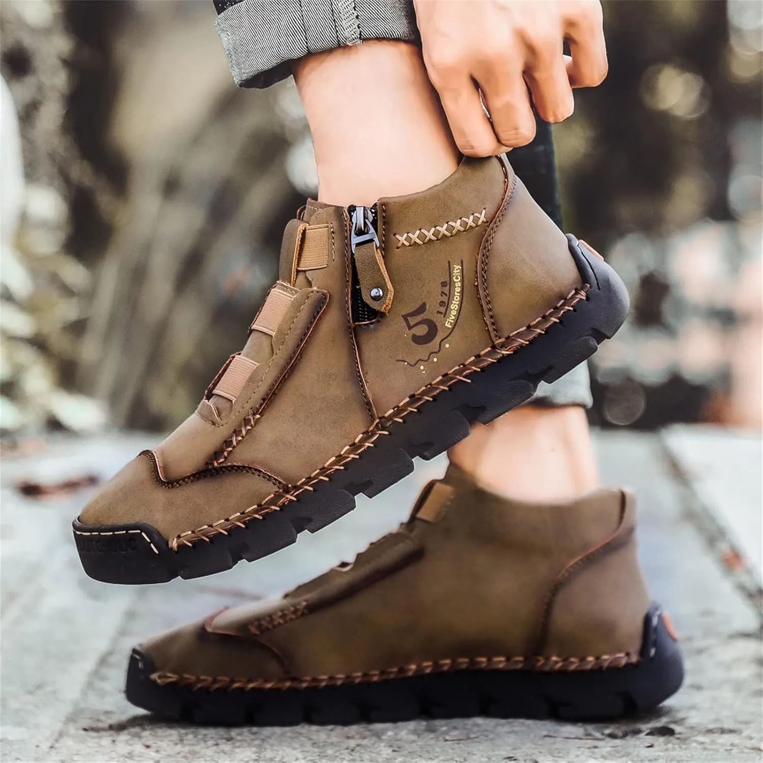 Black Leather Shoes for Men Casual Ankle Lace up Boots Slip on Lightweight Loafers Mid Top Walking Sneakers