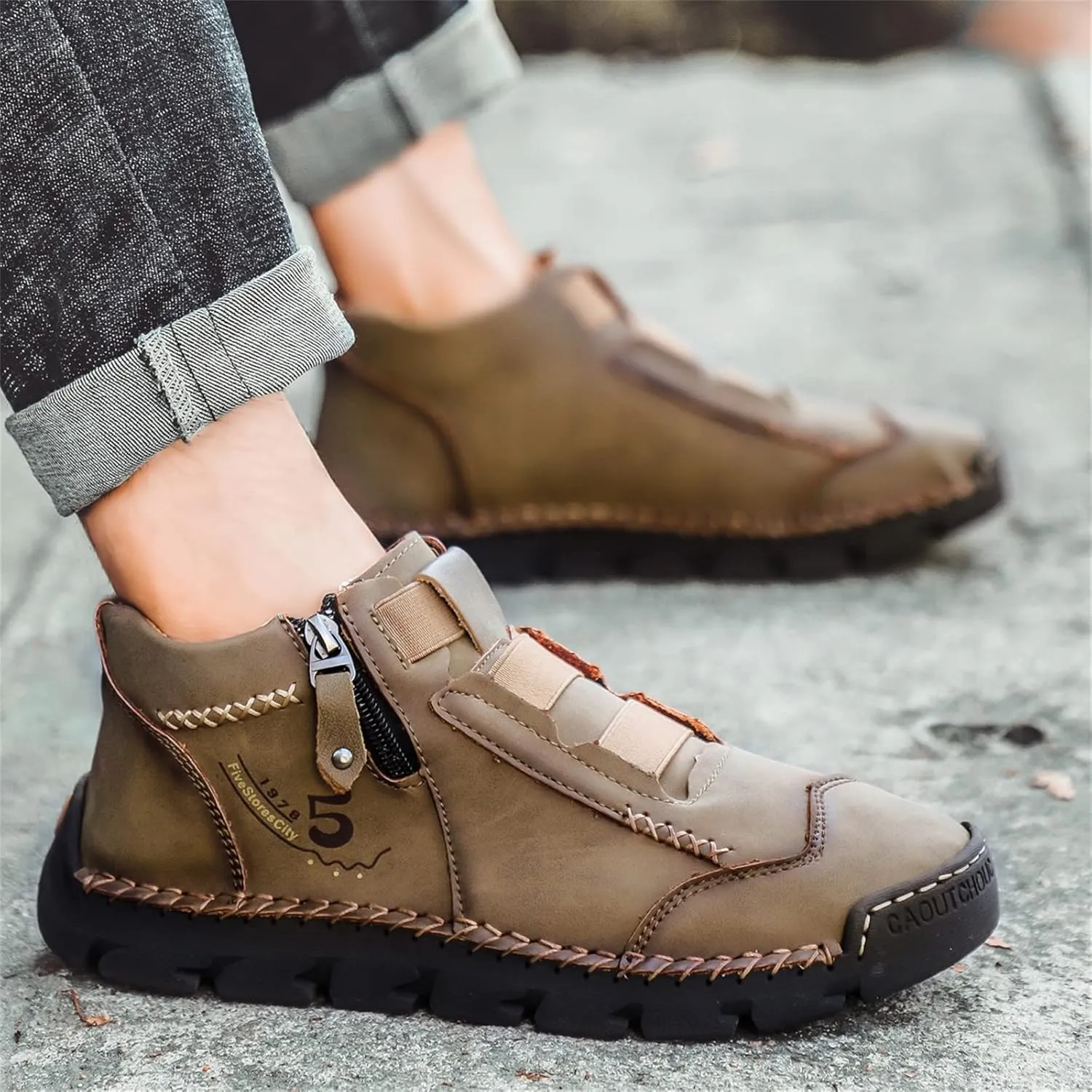 Black Leather Shoes for Men Casual Ankle Lace up Boots Slip on Lightweight Loafers Mid Top Walking Sneakers