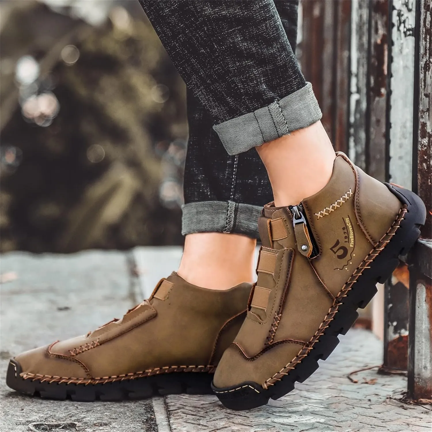 Black Leather Shoes for Men Casual Ankle Lace up Boots Slip on Lightweight Loafers Mid Top Walking Sneakers
