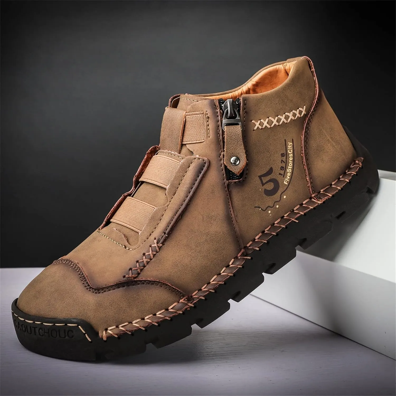 Black Leather Shoes for Men Casual Ankle Lace up Boots Slip on Lightweight Loafers Mid Top Walking Sneakers