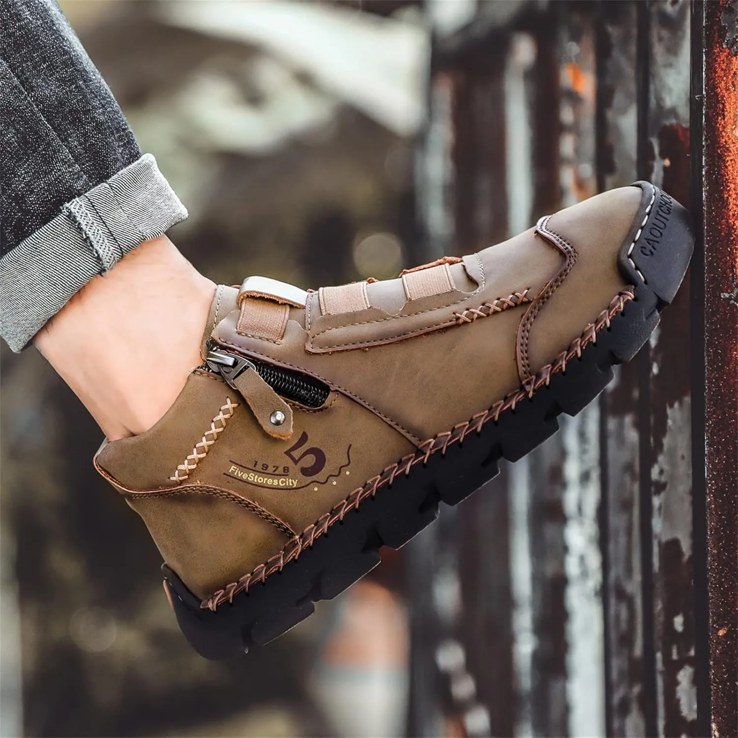 Black Leather Shoes for Men Casual Ankle Lace up Boots Slip on Lightweight Loafers Mid Top Walking Sneakers