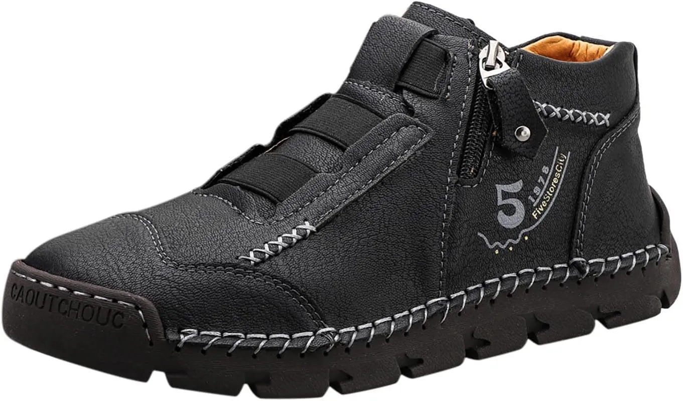 Black Leather Shoes for Men Fashion Chukka Boots Lace up Slip On Lightweight Loafers Hiking Workout
