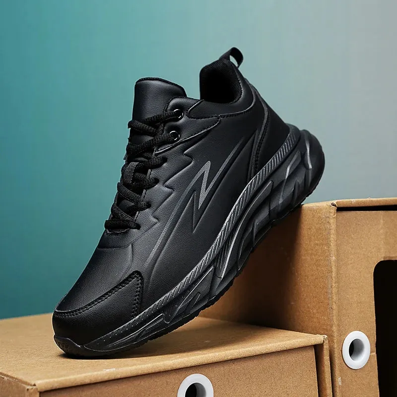 Black Leather Shoes for Men Height Increasing Winter Fashion Sneakers Plus Fur